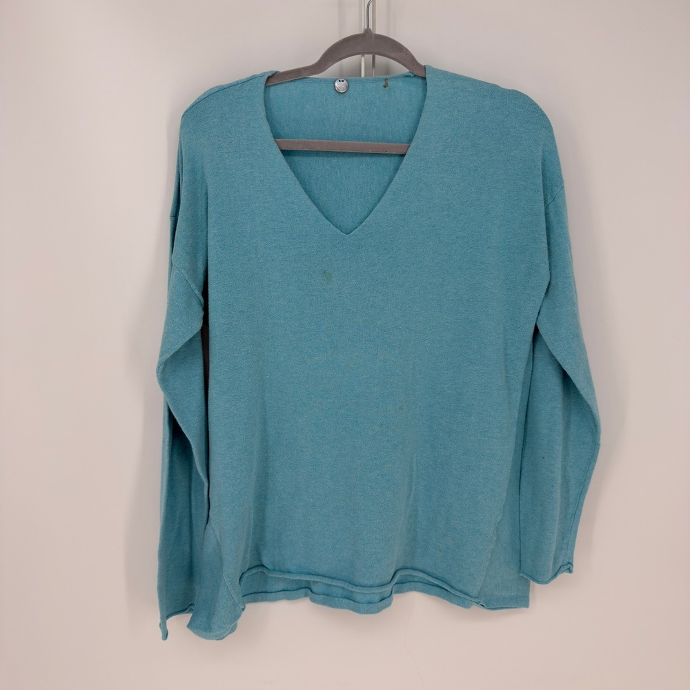 Margaret O'Leary V-Neck Sweater Womens L Turquoise Cotton Relaxed Coastal Soft